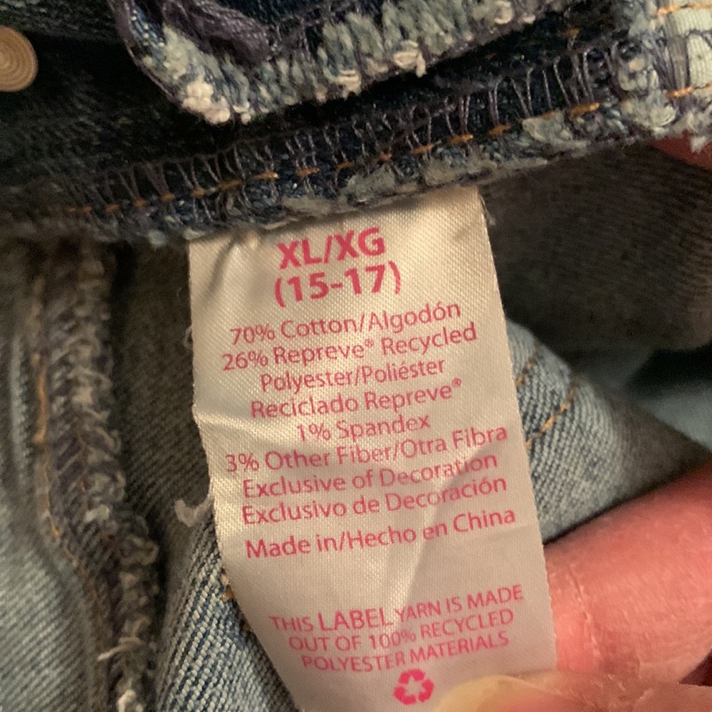 No Boundaries adorable denim distressed w/lace trim overall shorts XL(15-17) - Picture 11 of 12